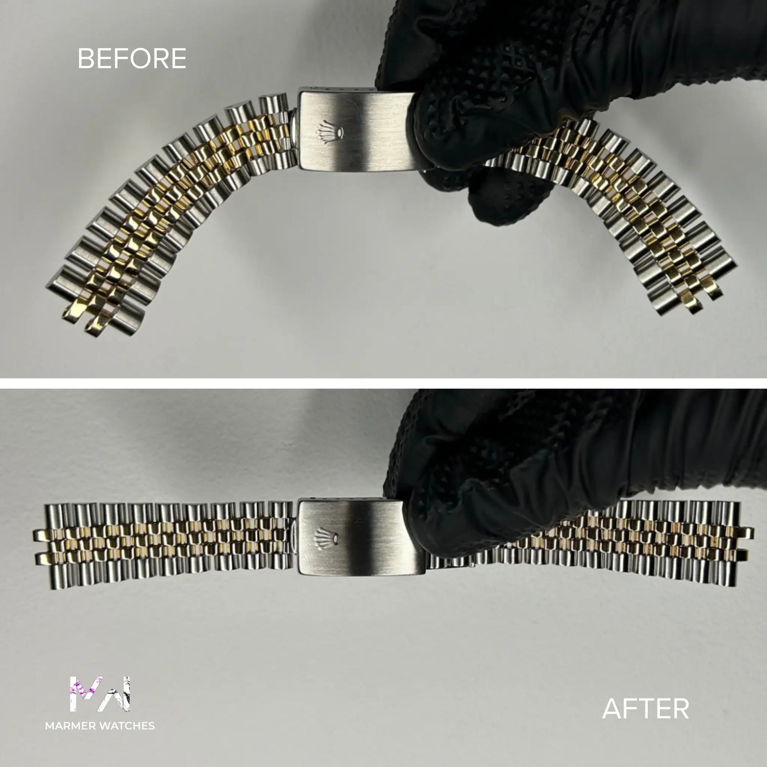Before and after comparison of a Rolex Jubilee watch bracelet restoration with Marmer Watches logo.