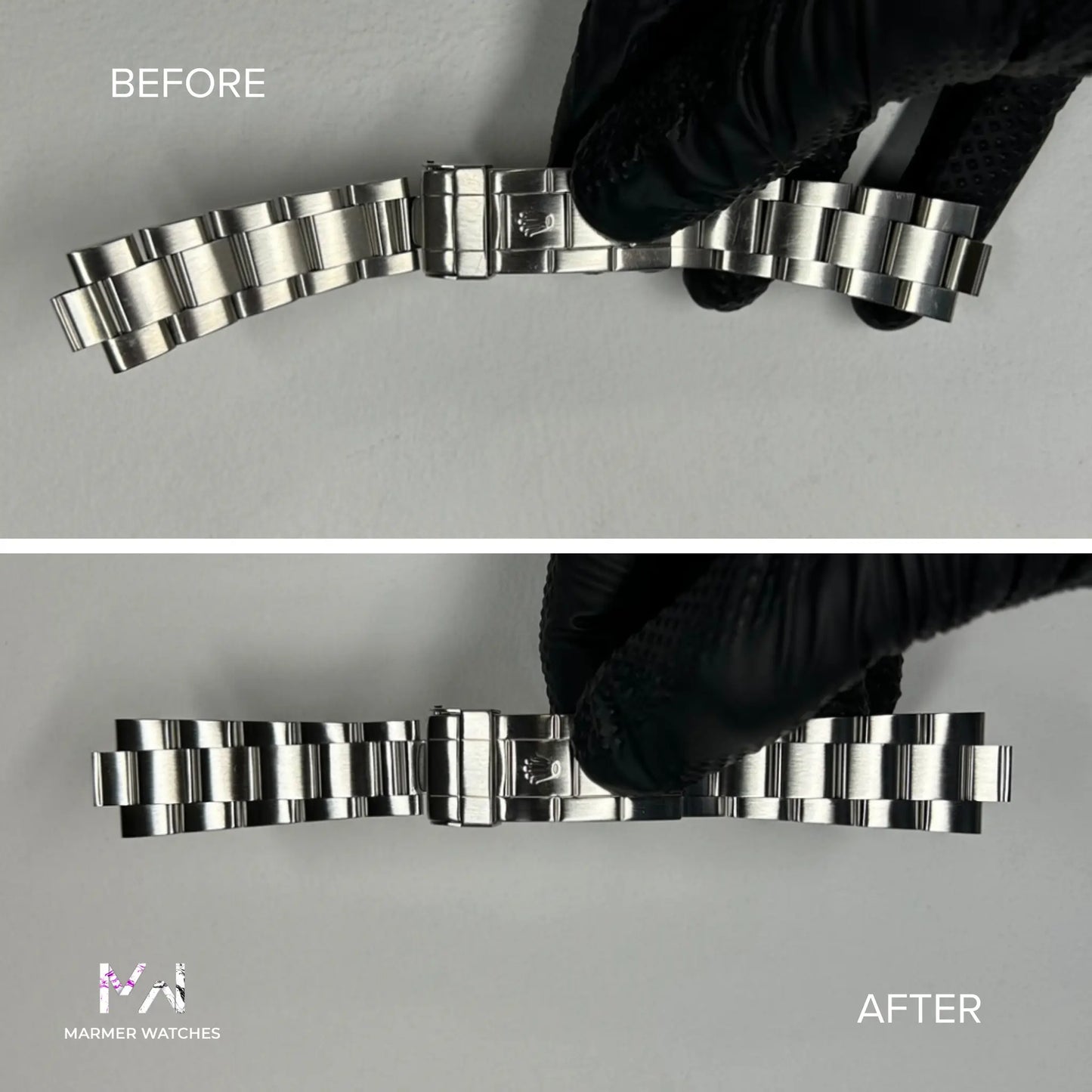 Before and after comparison of a Rolex Oyster watch bracelet restoration with Marmer Watches logo.