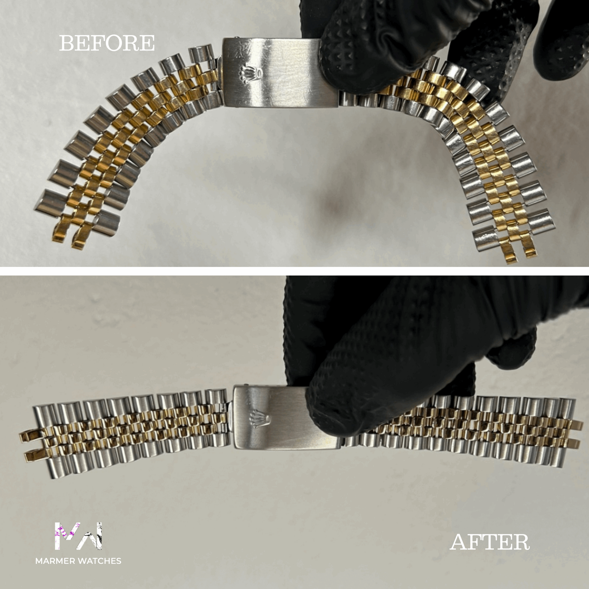 Before-and-After-Picture of a Rolex restoration 