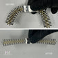 Before and after comparison of a Rolex Jubilee watch bracelet restoration with Marmer Watches logo.