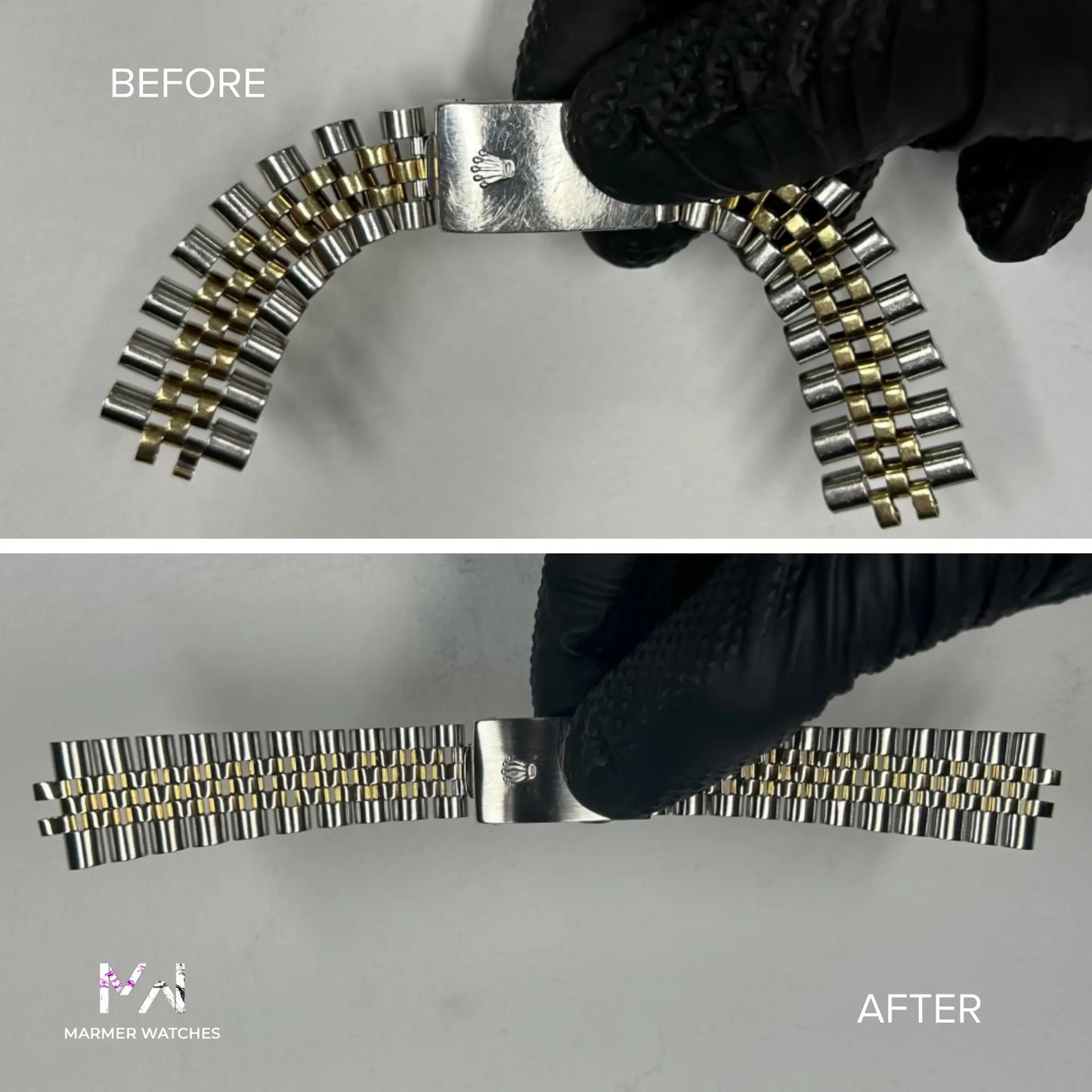 Before and after comparison of a Rolex Jubilee watch bracelet restoration with Marmer Watches logo.