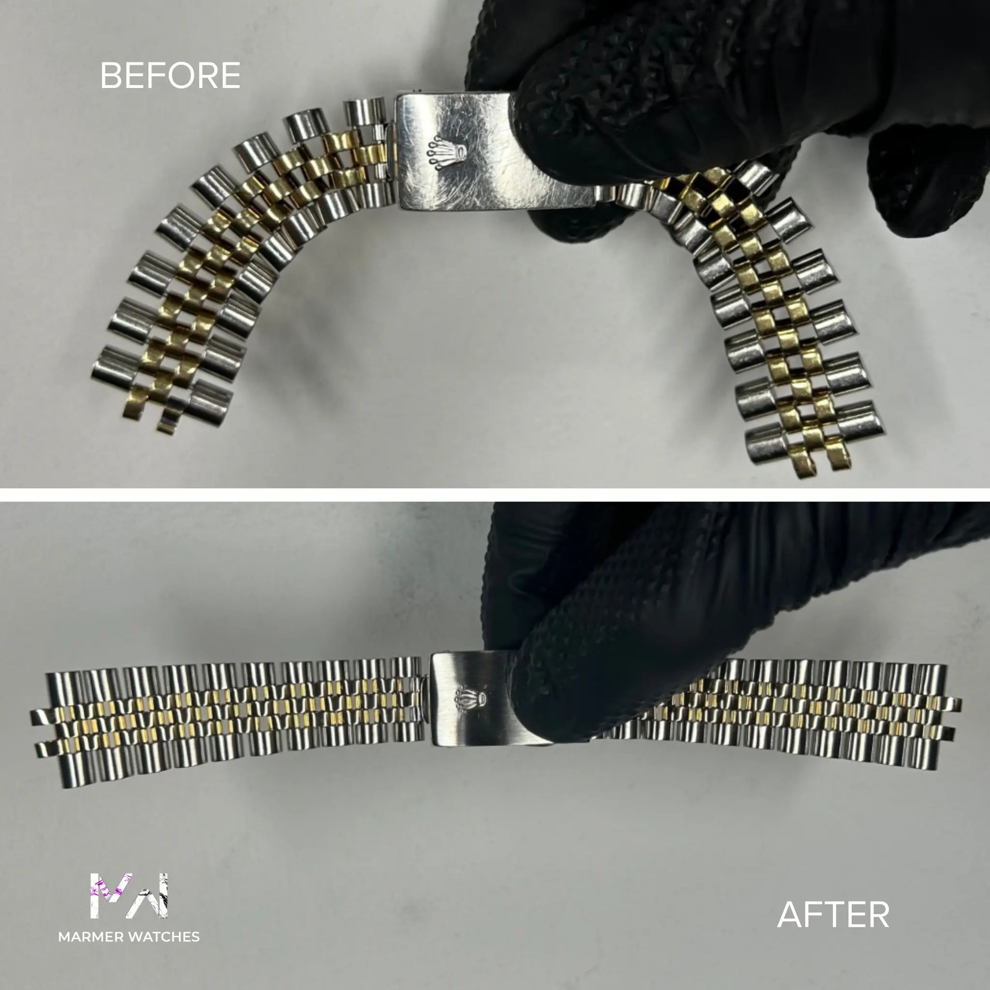 Before and after comparison of a Rolex Jubilee watch bracelet restoration with Marmer Watches logo.