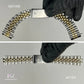 Before and after comparison of a Rolex Jubilee watch bracelet restoration with Marmer Watches logo.
