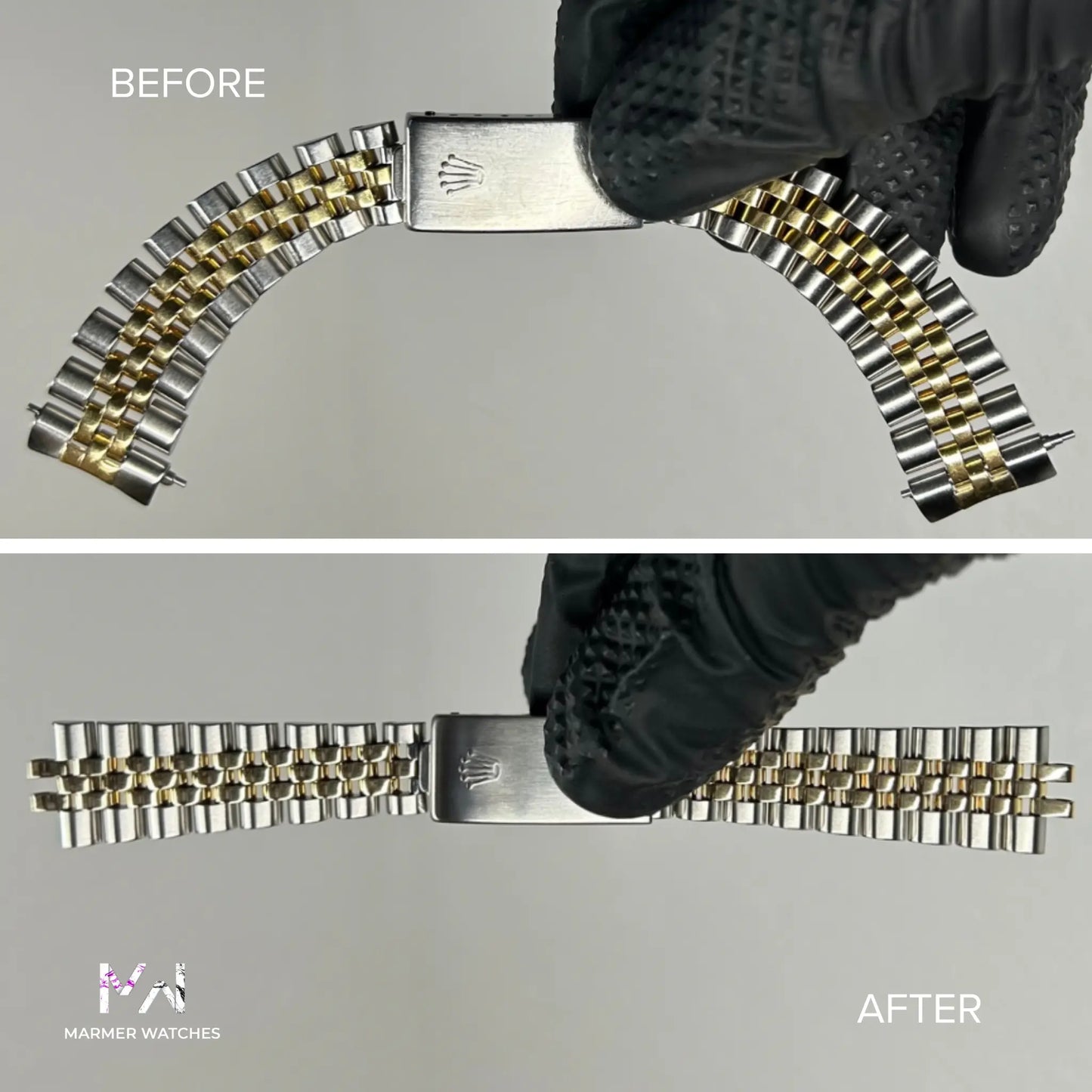 Before and after comparison of a Rolex Jubilee watch bracelet restoration with Marmer Watches logo.