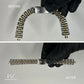 Before and after comparison of a Rolex Jubilee watch bracelet restoration with Marmer Watches logo.