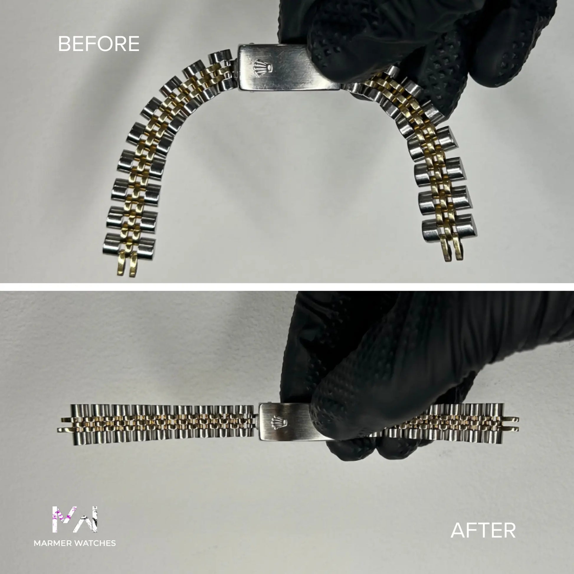 Before and after comparison of a Rolex Jubilee watch bracelet restoration with Marmer Watches logo.