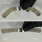 Before and after comparison of a Rolex Jubilee watch bracelet restoration with Marmer Watches logo.