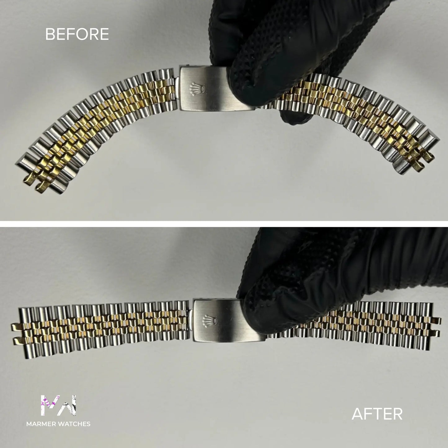 Before and after comparison of a Rolex Jubilee watch bracelet restoration with Marmer Watches logo.