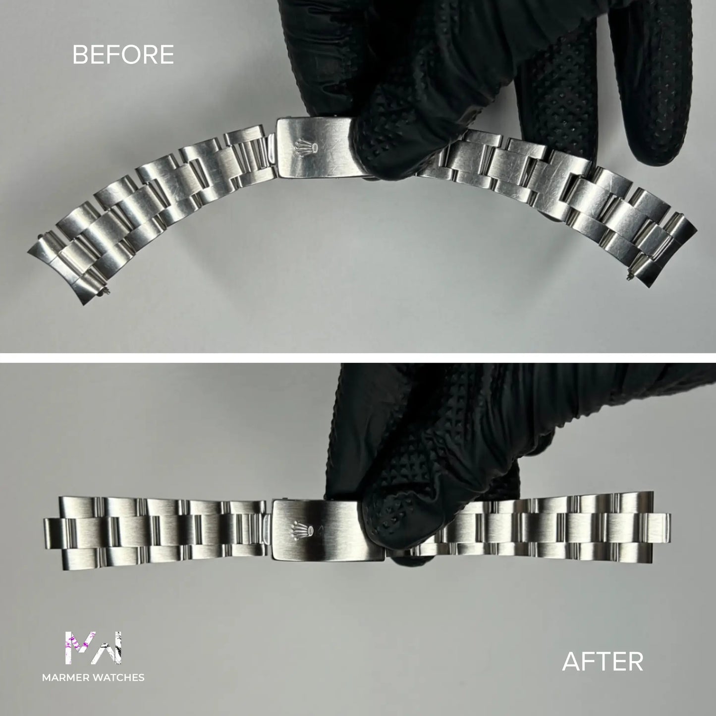 Before and after comparison of a Rolex Oyster watch bracelet restoration with Marmer Watches logo.