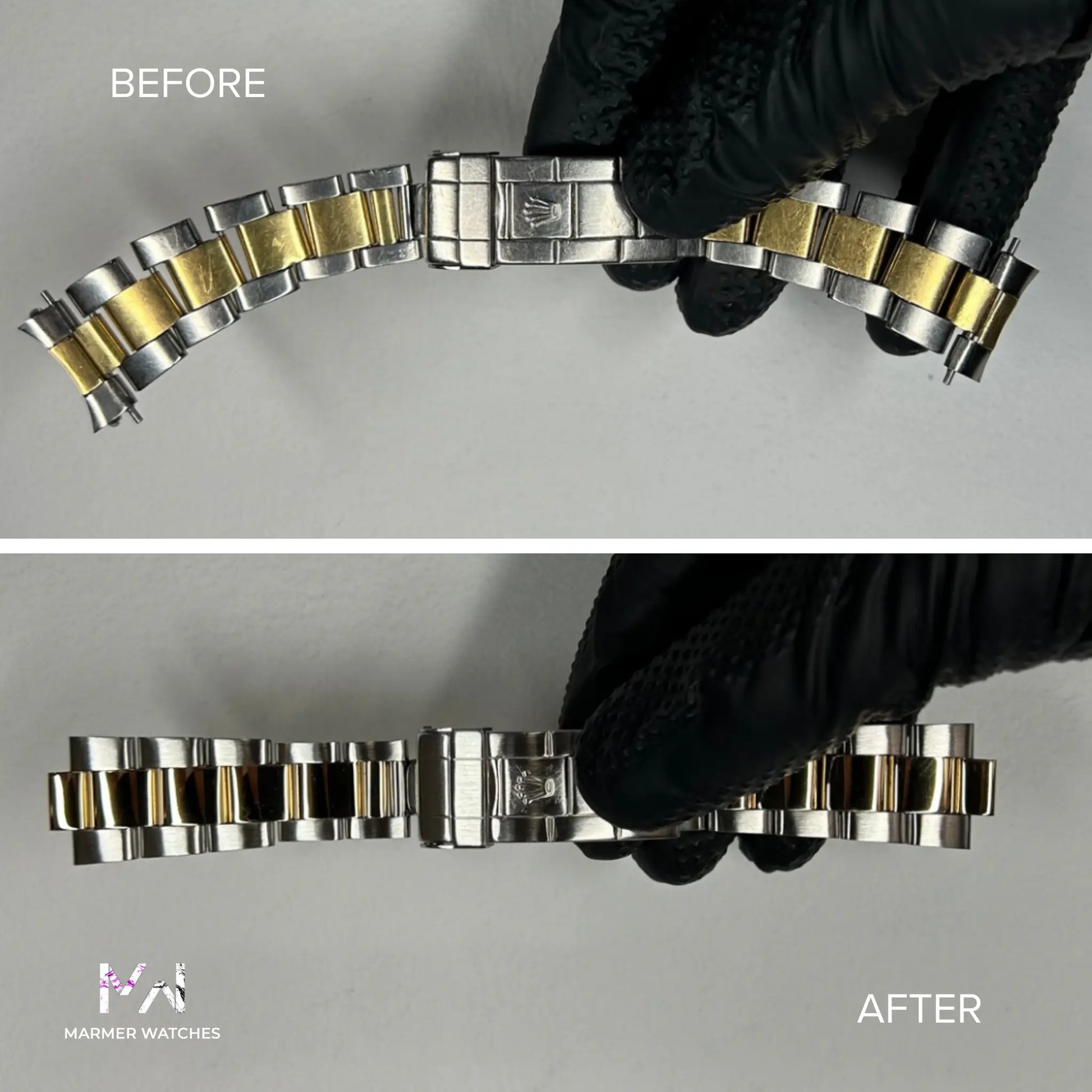 Before and after comparison of a Rolex Oyster watch bracelet restoration with Marmer Watches logo.