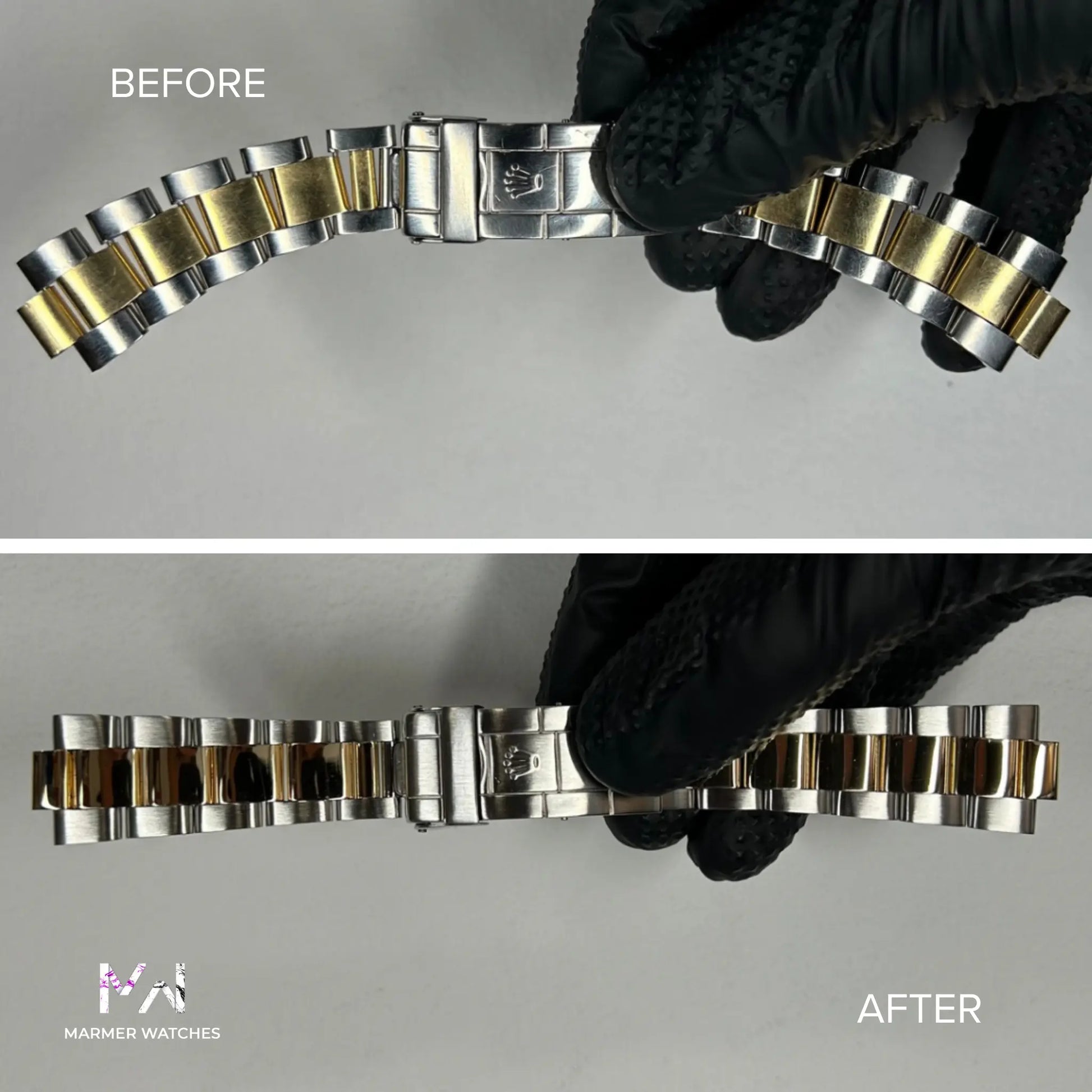 Before and after comparison of a Rolex Oyster watch bracelet restoration with Marmer Watches logo.