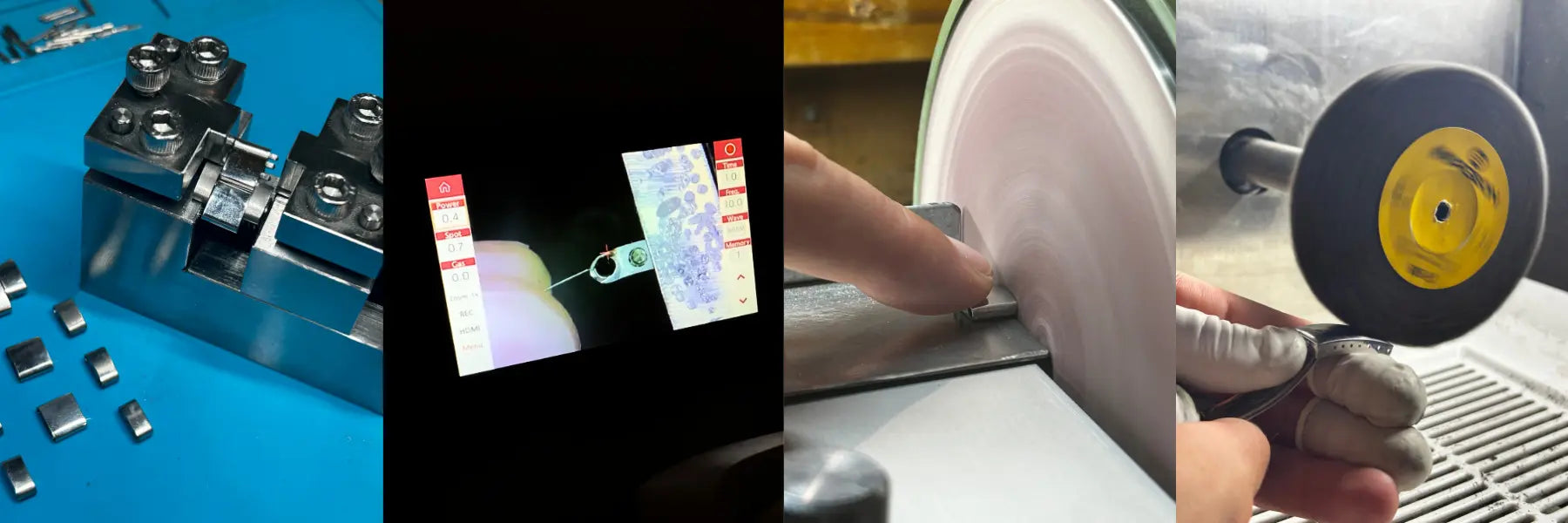 Collage of four images from a stretched Rolex bracelet repair.