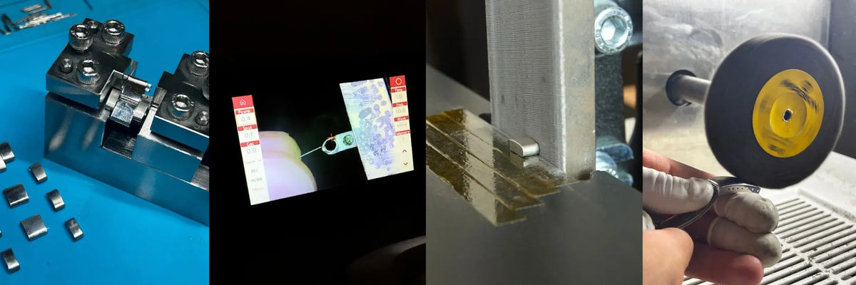 Precision tools and machinery used in the professional restoration of Rolex watch bracelets.
